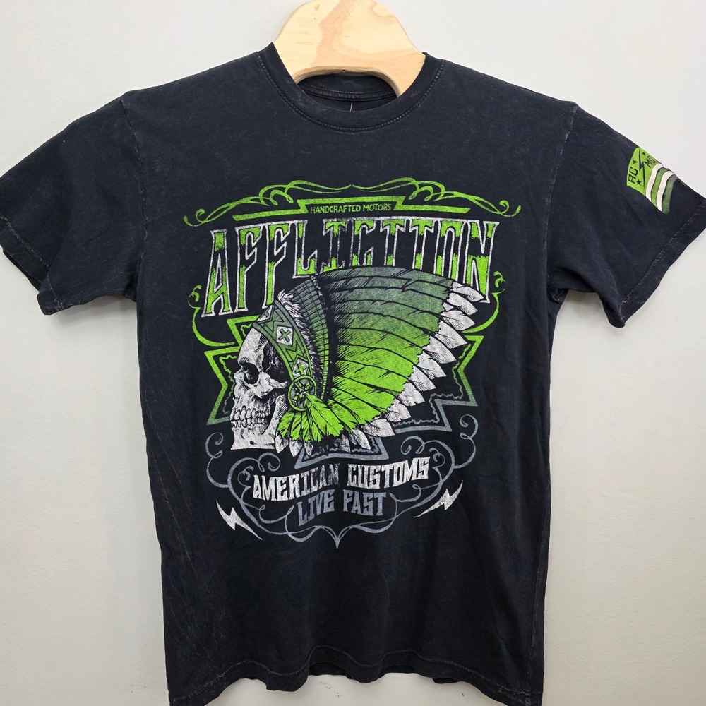 Affliction Mens T Shirt Medium Black Skull Native American Chief Graphic Tee